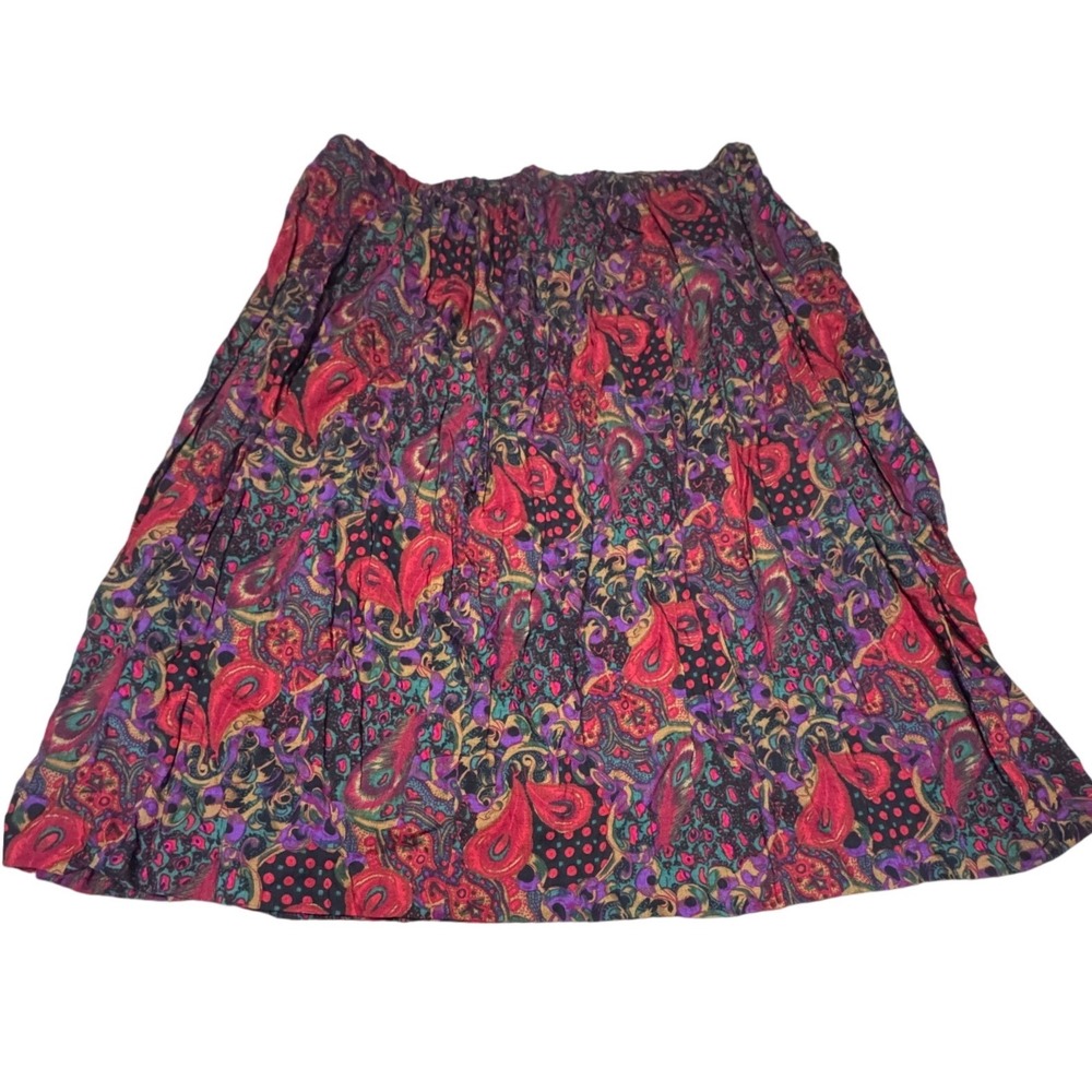 Vintage Paisley Midi Skirt Womens L-XL Elastic Waist Red Purple Boho A-Line